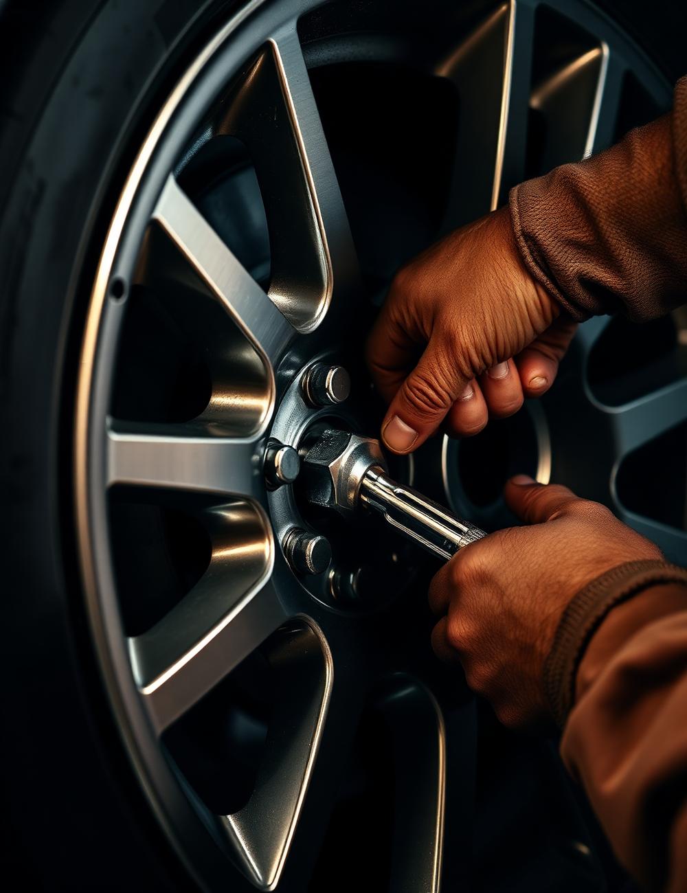 Mechanic torquing lug nuts on an alloy wheel